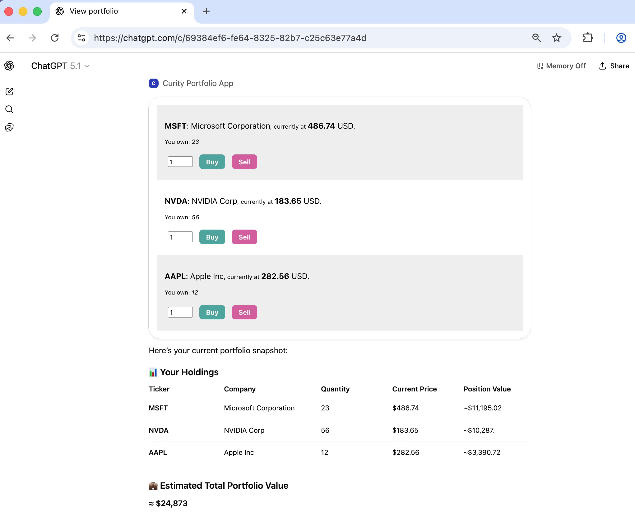 ChatGPT View Portfolio Screen